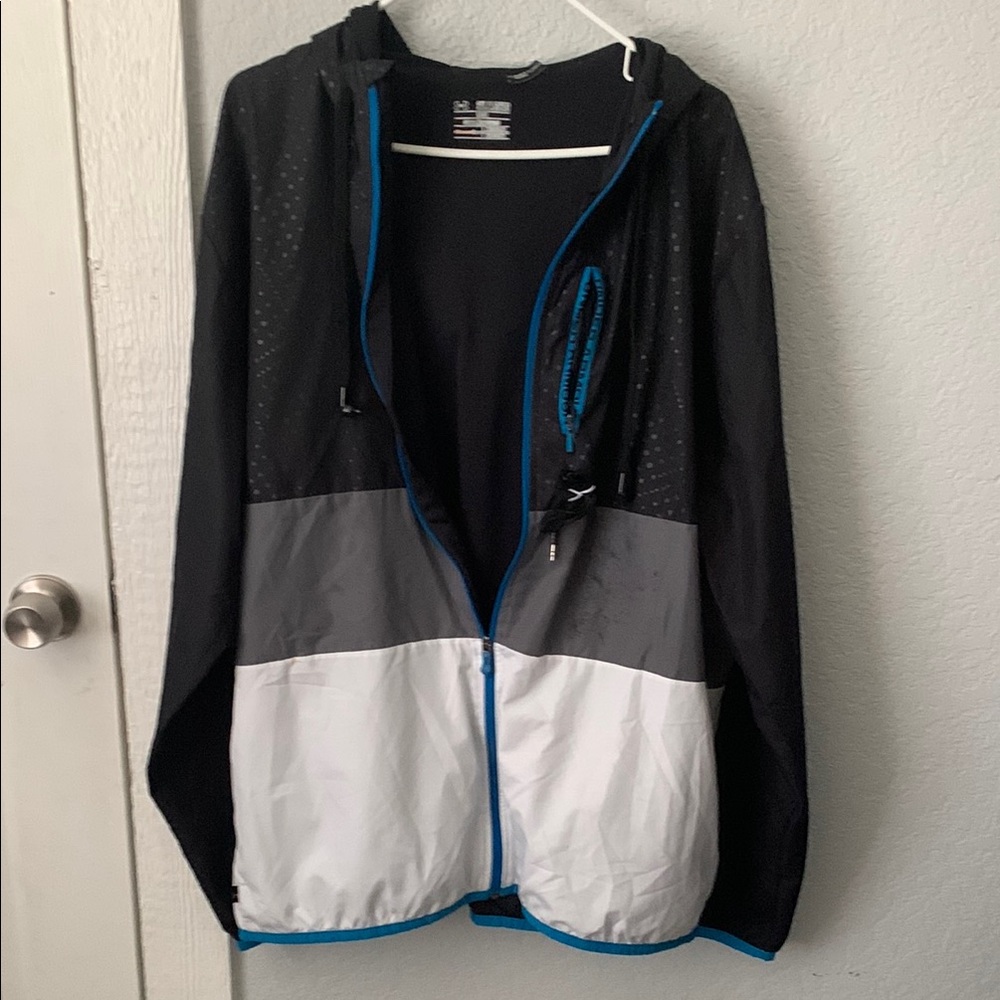 Under Armour Black and Gray, Blue Trim Windbreaker with Hood